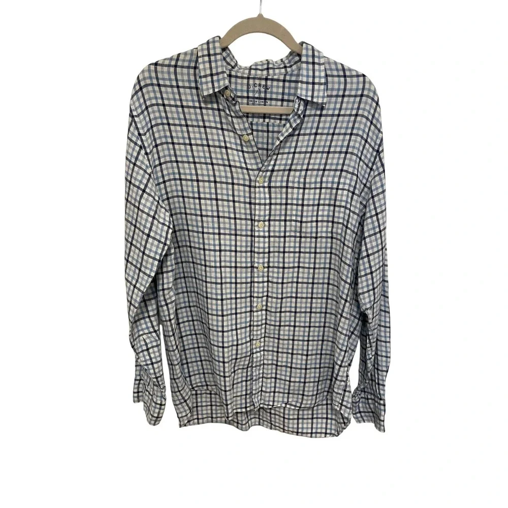 J Crew Button Down Shirt Irish Linen Large Blue White Plaid Long Sleeve
